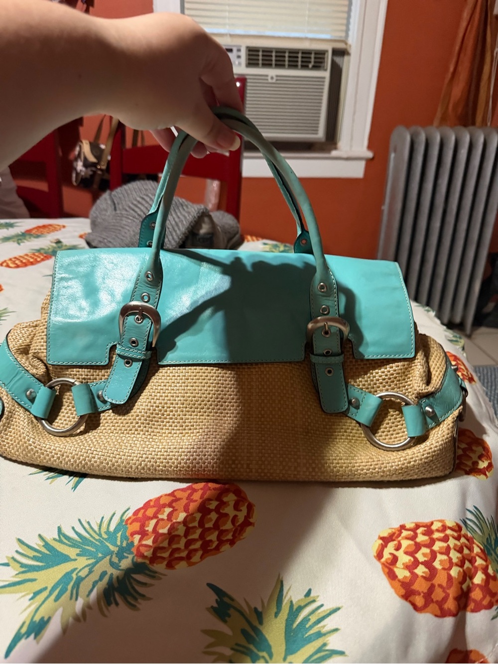 Adrienne Vittadini Turquoise Straw-Trim Shoulder Bag